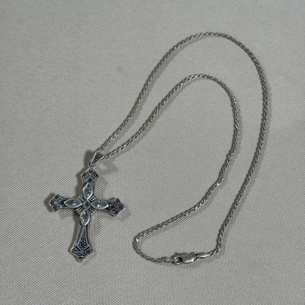 Sterling Silver Cross Necklace Marcasite Clear Crystal 18 in Italian Chain *FLAW